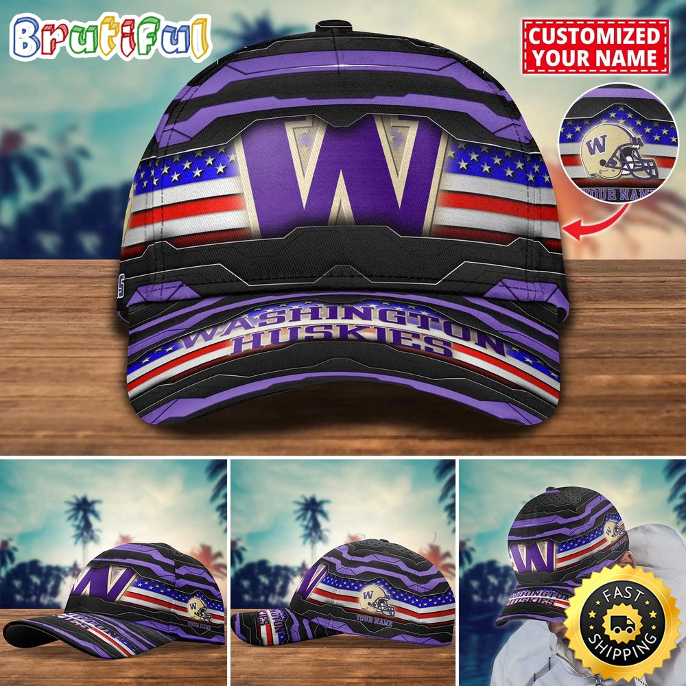 Ncaa Washington Huskies Baseball Cap Flag Custom Name Cap