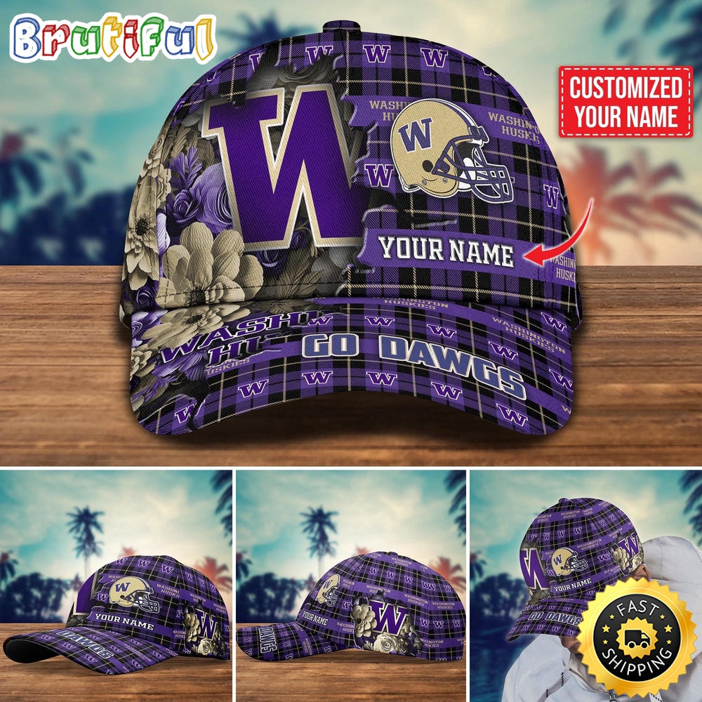 Ncaa Washington Huskies Baseball Cap Flower Custom Name Cap
