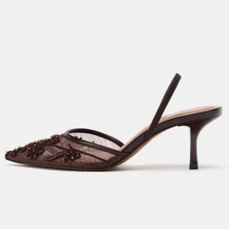 Sexy Pointed Toe Mesh Embroider High Heels for ladies Elegant String Bead pumps Summer Luxury Designer Shoe Brown Heeled Sandals