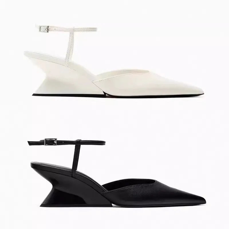 Luxury Brand Women's Pointed Toe Wedge Sandals Summer New Shallow One-word Buckle Designer Shoes Fashion Slingback Mules Shoes