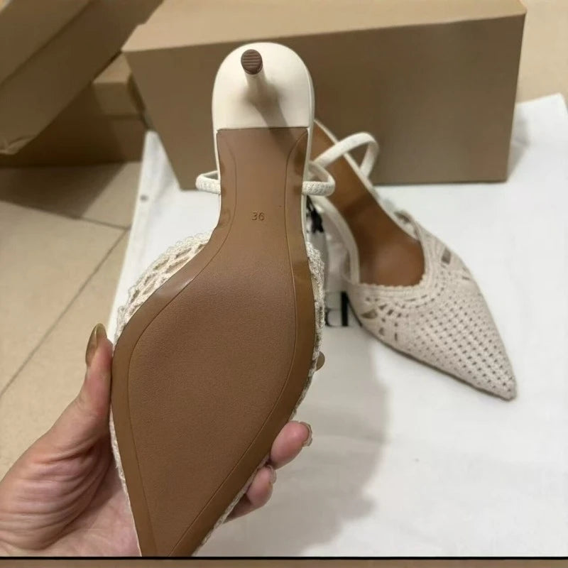 Elegant Crochet Slingback High Heels Women Pointed Toe Hollow Out Pump Sandals Woven Fabric Summer Party Wedding Dress Shoes